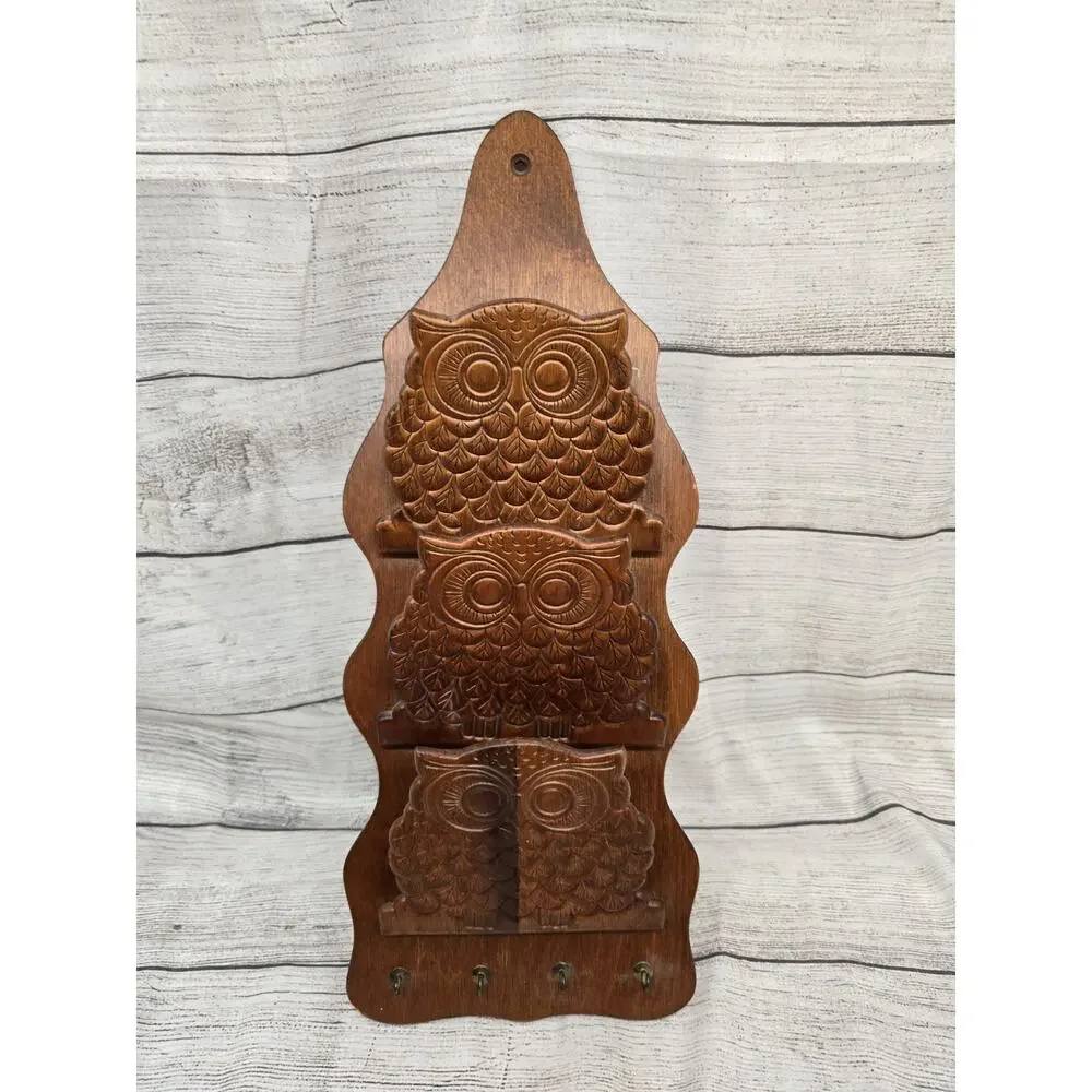 Vintage Wood Owl Mail Holder & Key Hook. MCM. Three Owl Letter Holder